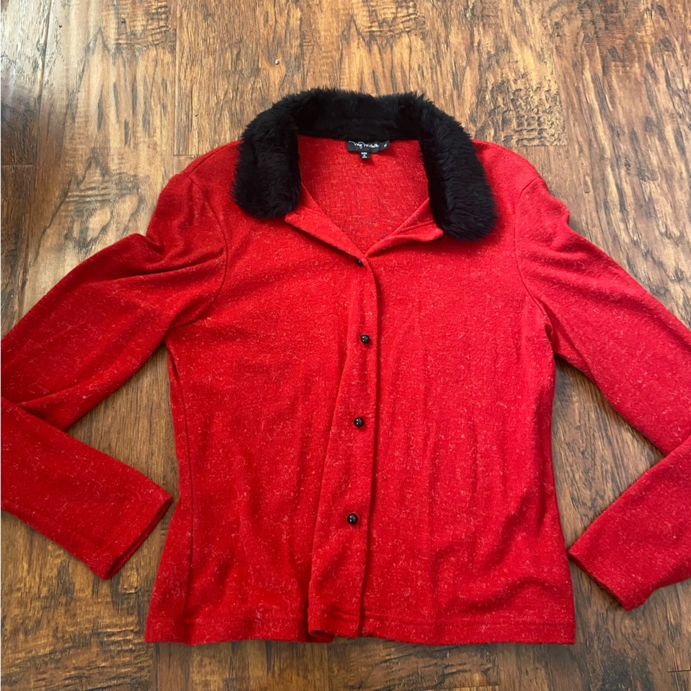Vintage 90s y2k my michelle red sweater with fur collar cardigan top.